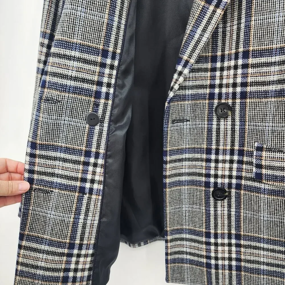 Ikks‎ Women's Plaid Double-Breasted Blazer Wool Size XS Oversized